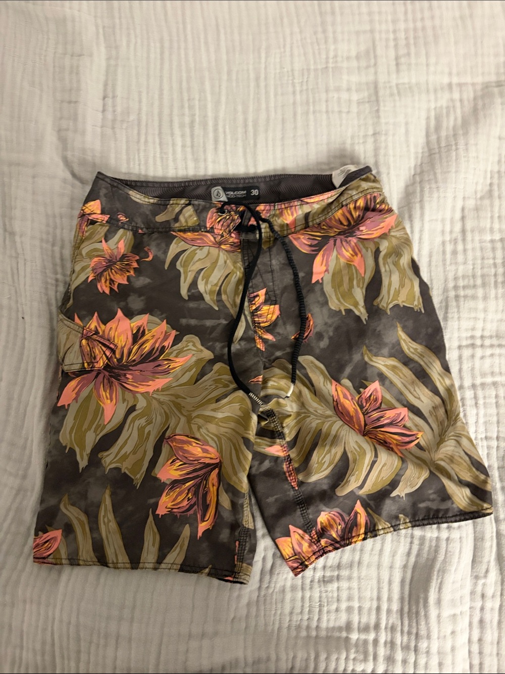 Volcom Men's Gray Floral Board Shorts with Pink & Olive Accents